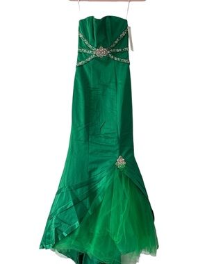 Tiffany Designs Emerald Green Strapless Mermaid Gown with Crystal Accents